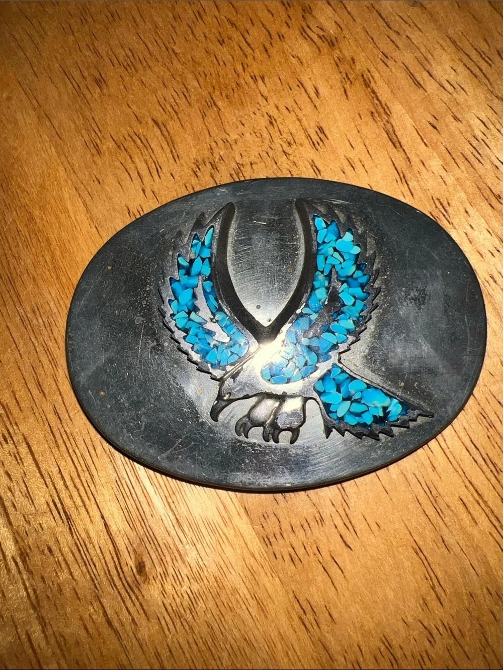 Vintage Western Turquoise Inlay Eagle Oval Belt Buckle